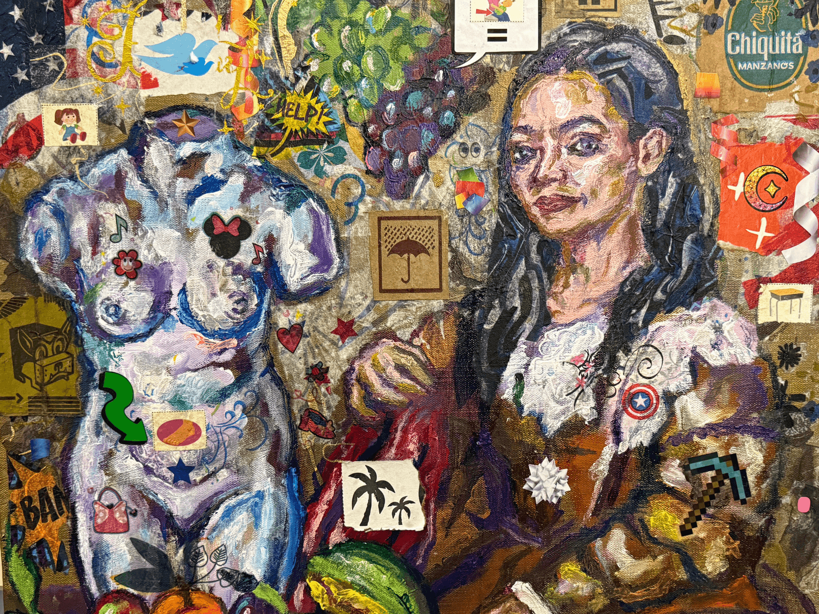 Rep. Alexandria Ocasio Cortez Defending Abortion Rights / A Pair of Blue Doves by Ricardo Osmondo-Francis - Acrylic and mixed media collage on canvas - $1,800 - The GOLDEN State Exhibition at The 7 Space