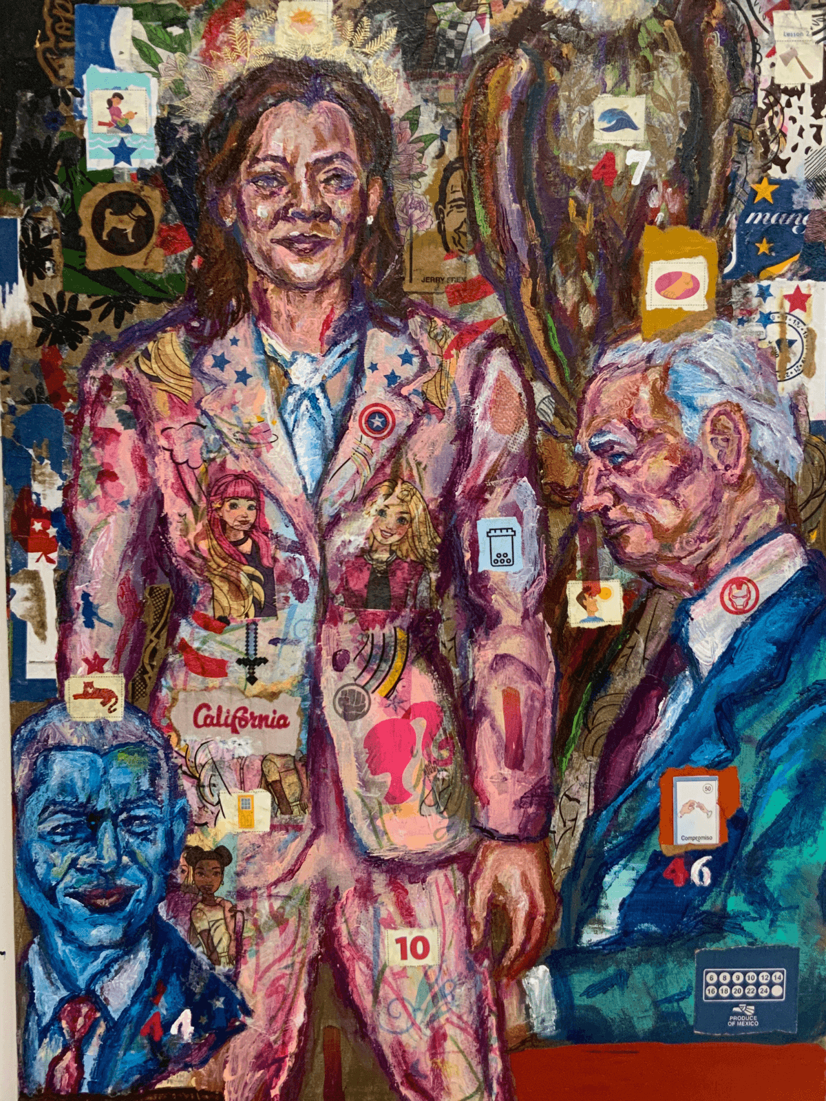 Deep Blue Wave: POTUS 46 Joseph Robbinette Biden Endorses Vice POTUS Kamala Devi Harris for the 2024 General Election on Sunday 7/21/24 by Ricardo Osmondo-Francis - Acrylic and mixed media collage on canvas - $3,000 - The GOLDEN State Exhibition at The 7 Space
