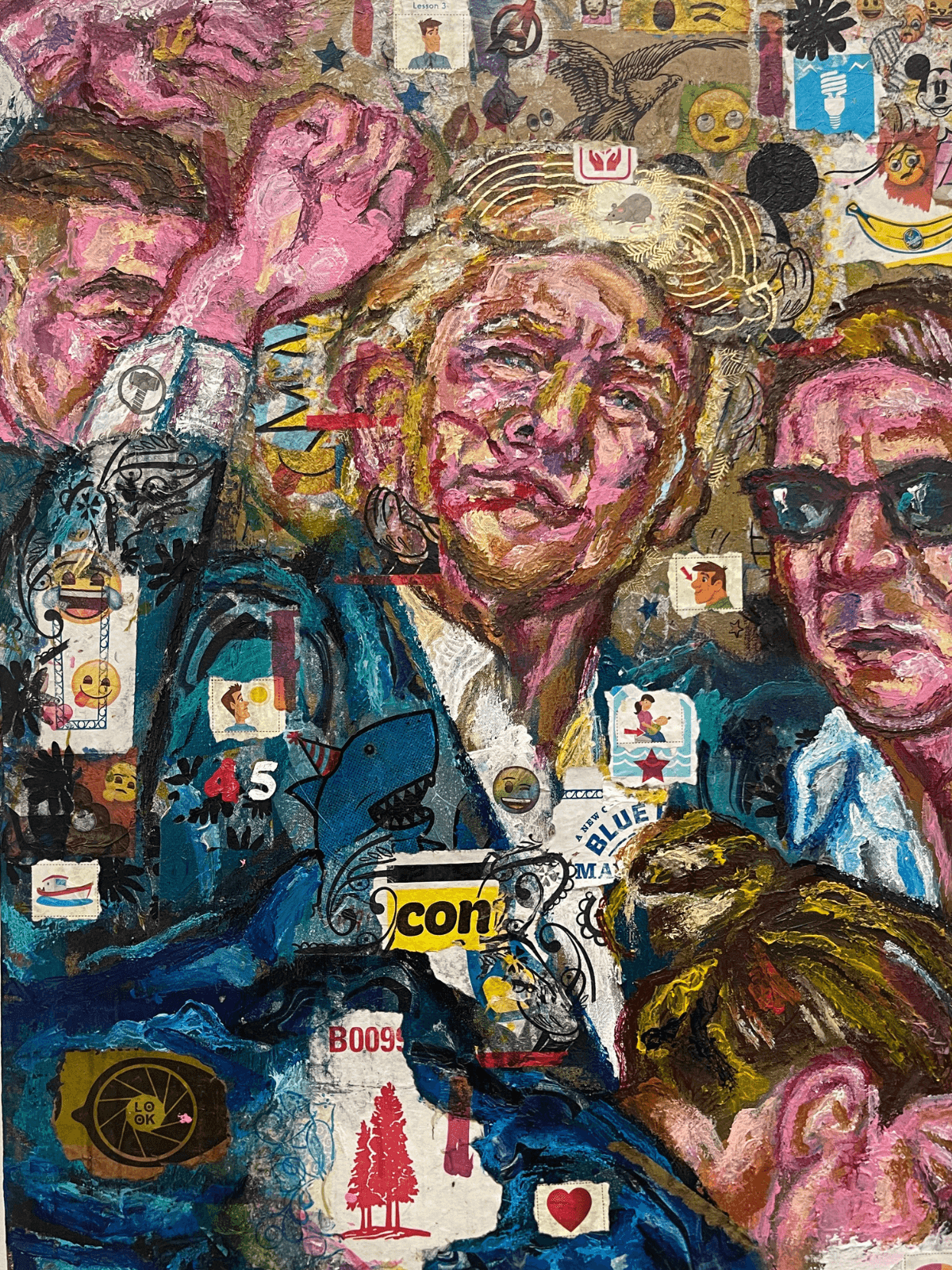 Deep Red State: POTUS 45 Donald John Trump @ Political Rally near Butler, PA on Saturday 7/13/24 by Ricardo Osmondo-Francis - Acrylic and mixed media collage on canvas - $2,000 - The GOLDEN State Exhibition at The 7 Space