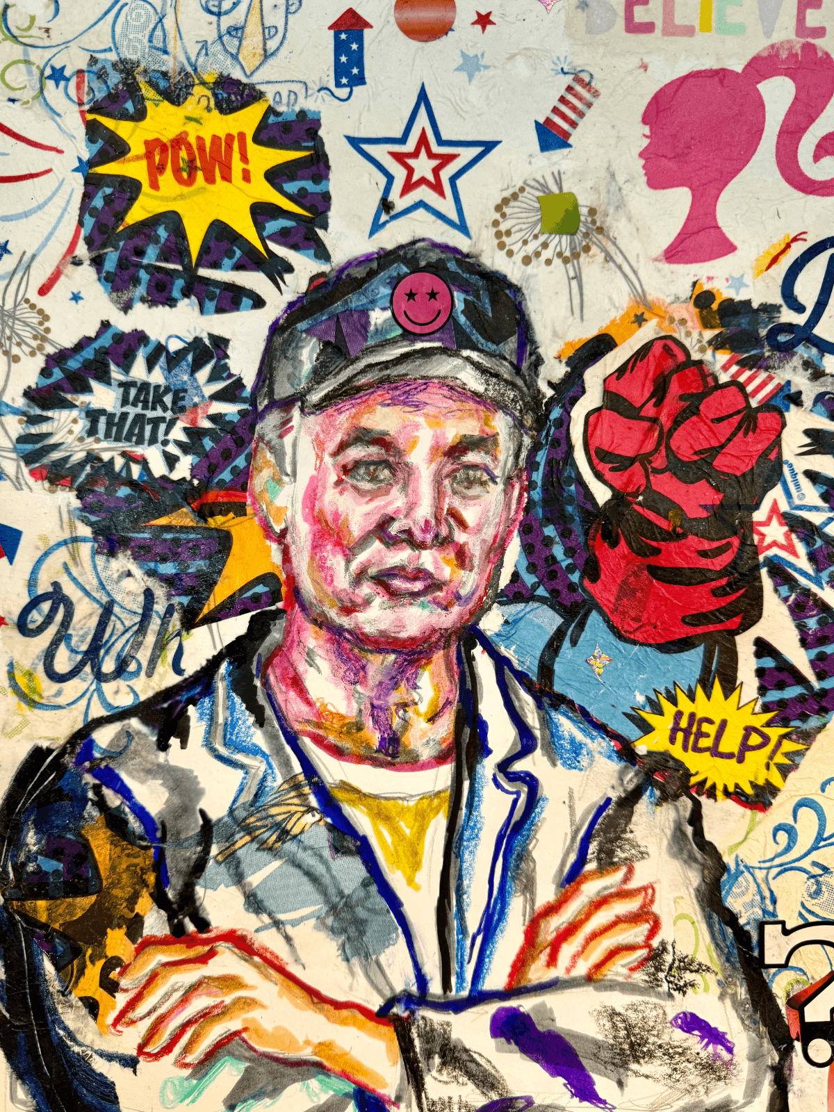 2/11/25 / DOGE Technocrat Elon Musk Addressing The Nation In The Oval Office / BELIEVE by Ricardo Osmondo-Francis - Colored pencil, marker, and mixed media collage on paper - $500 - The GOLDEN State Exhibition at The 7 Space