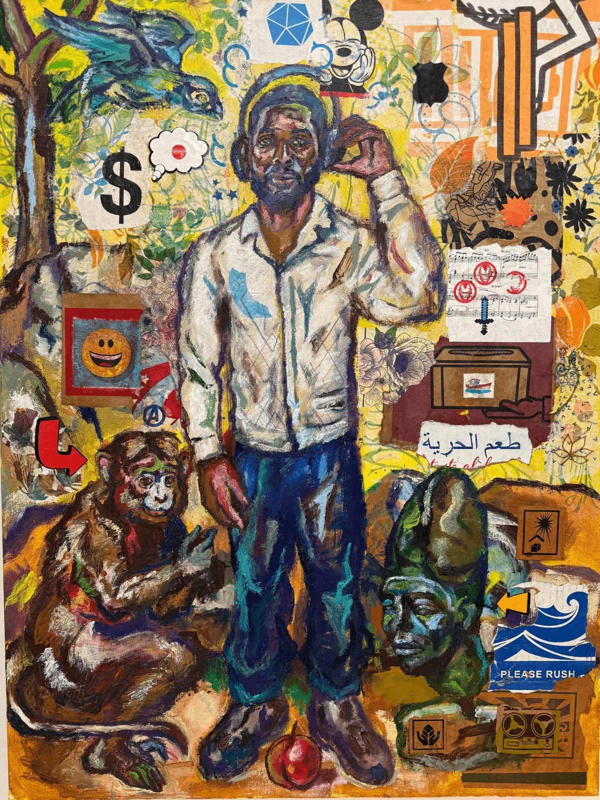 In Whose Democracy? / The Once and Future King / Quran in The Unknown Republic by Ricardo Osmondo-Francis - Acrylic and mixed media collage on canvas - $3,000 - The GOLDEN State Exhibition at The 7 Space