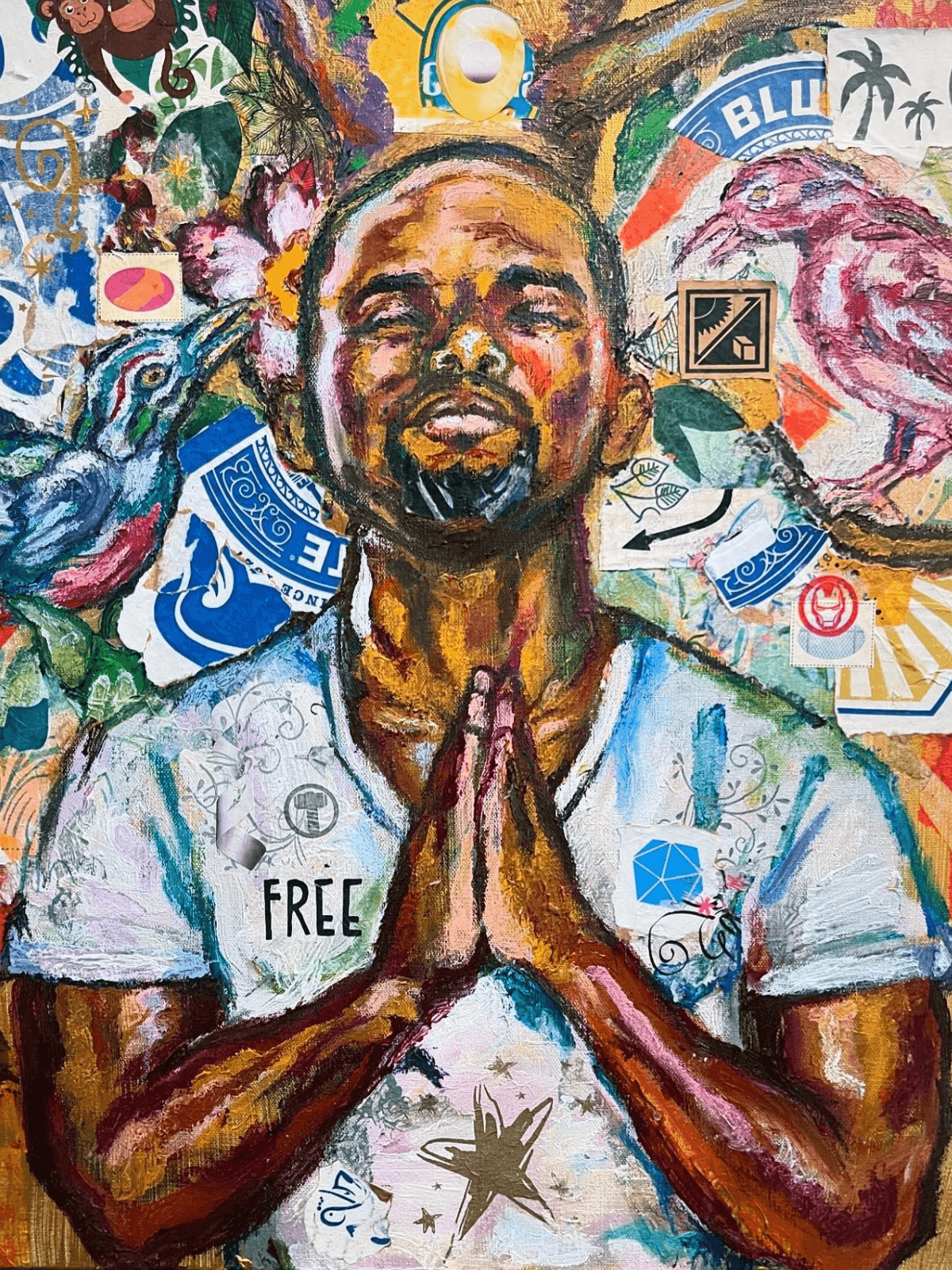 Independent Voter in Contemplation / The EYE of Horus / FREE by Ricardo Osmondo-Francis - Acrylic and mixed media collage on canvas - $1,800 - The GOLDEN State Exhibition at The 7 Space