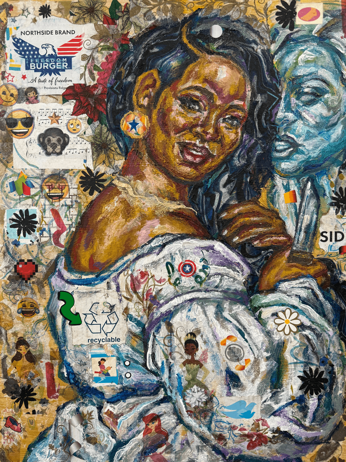May 2024 / Rep. Jasmine Crockett Addresses Rep. Marjorie Taylor Greene During House Oversight Committee Hearing / (B6) by Ricardo Osmondo-Francis - Acrylic and mixed media collage on canvas - $2,500 - The GOLDEN State Exhibition at The 7 Space