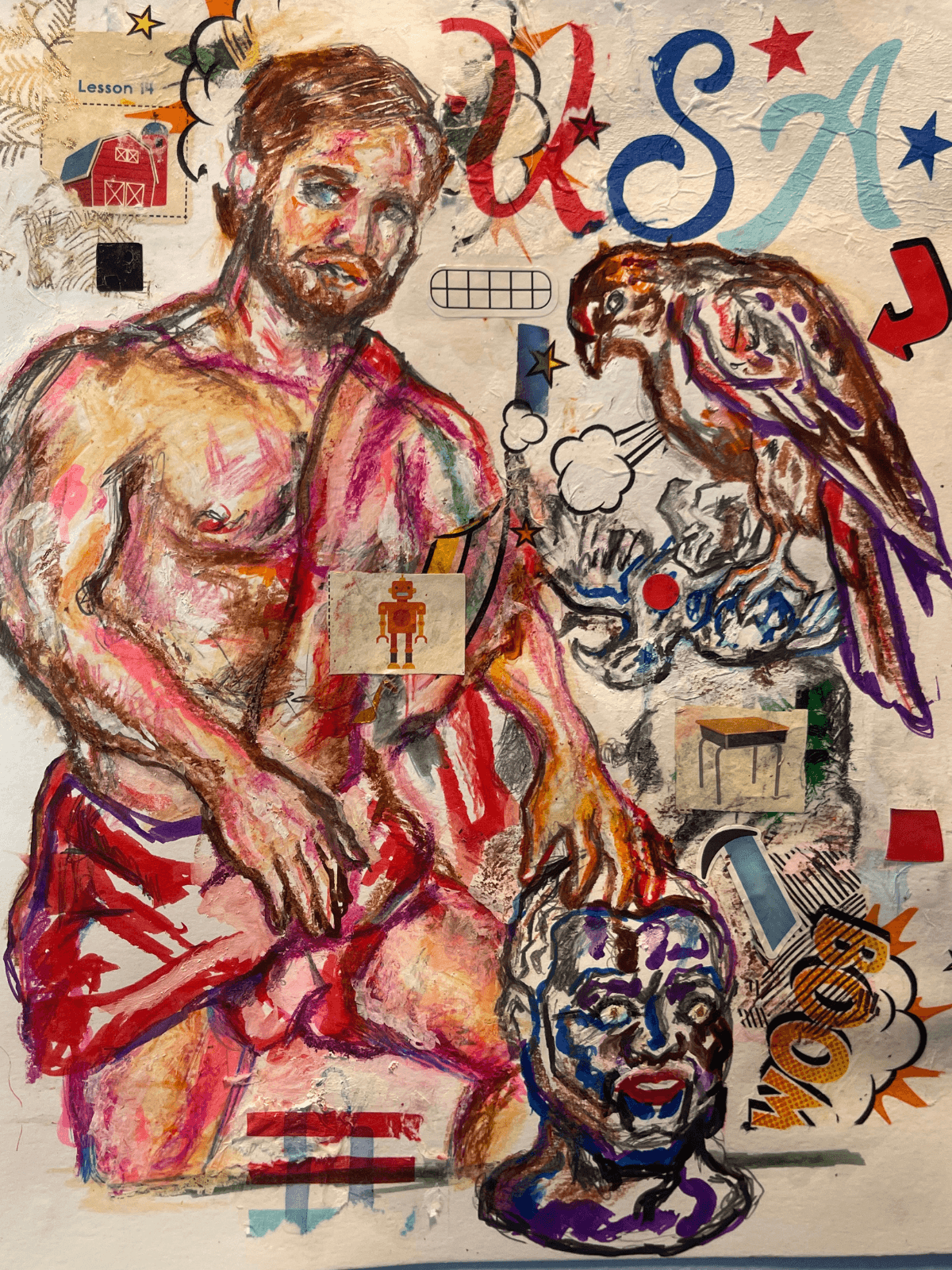 Jethro and Demetrius / Falcon with Deceased Political Opponent / Lesson 14 by Ricardo Osmondo-Francis - Colored pencil, marker, and mixed media collage on paper - $500 - The GOLDEN State Exhibition at The 7 Space