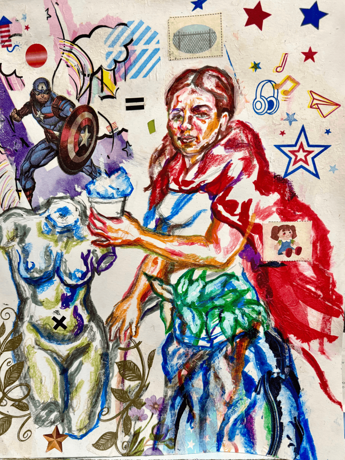 MAGA Supporter Quietly Summoning Her Right to Choose / Captain America Defending the Southern US Border by Ricardo Osmondo-Francis - Colored pencil, marker, and mixed media collage on paper - $500 - The GOLDEN State Exhibition at The 7 Space