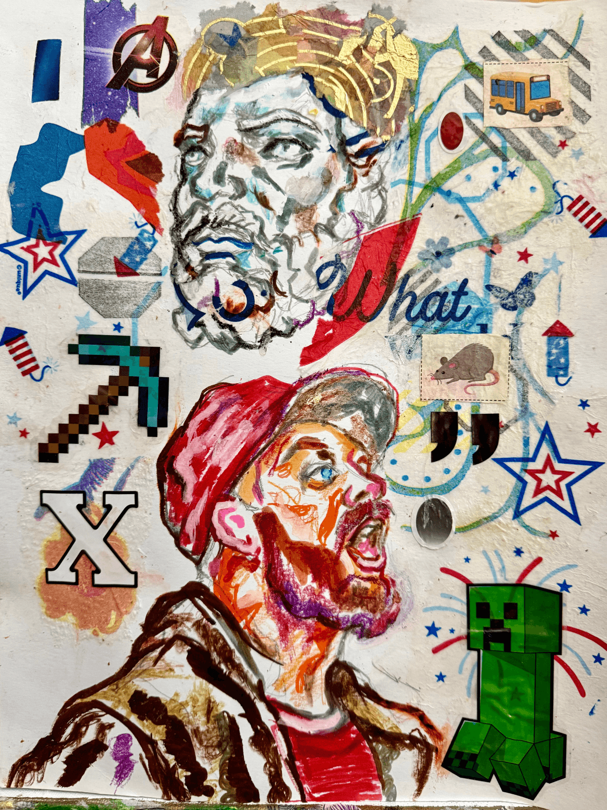 MAGA Supporter Screaming at God / America The Beautiful by Ricardo Osmondo-Francis - Colored pencil, marker, and mixed media collage on paper - $500 - The GOLDEN State Exhibition at The 7 Space