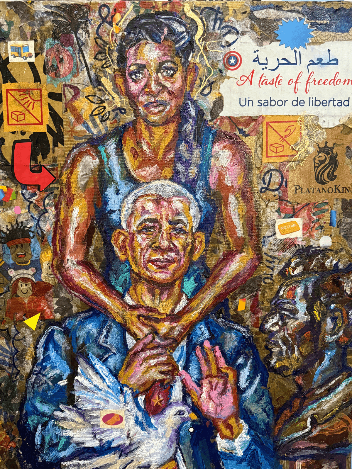 Protecting a Legacy/ POTUS Barack Hussein Obama Embraced by FLOTUS Michelle LeVaughn Robinson Obama / A Taste of Freedom by Ricardo Osmondo-Francis - Acrylic and mixed media collage on canvas - $2,500 - The GOLDEN State Exhibition at The 7 Space