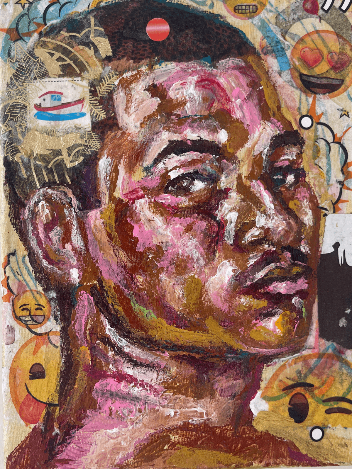 Red Traveling by Ricardo Osmondo-Francis - Acrylic and mixed media collage on canvas - The GOLDEN State Exhibition at The 7 Space