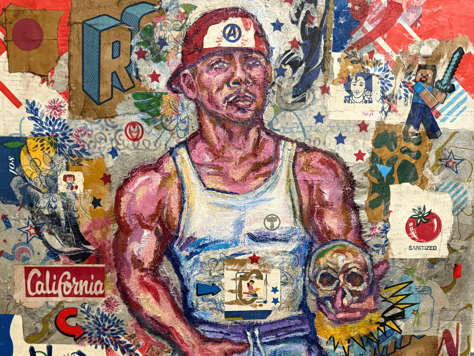 2024 Republican Latino Male Voter / Pride and Prejudice / Sanitized by Ricardo Osmondo-Francis - Acrylic and mixed media collage on canvas - $2,500 - The GOLDEN State Exhibition at The 7 Space