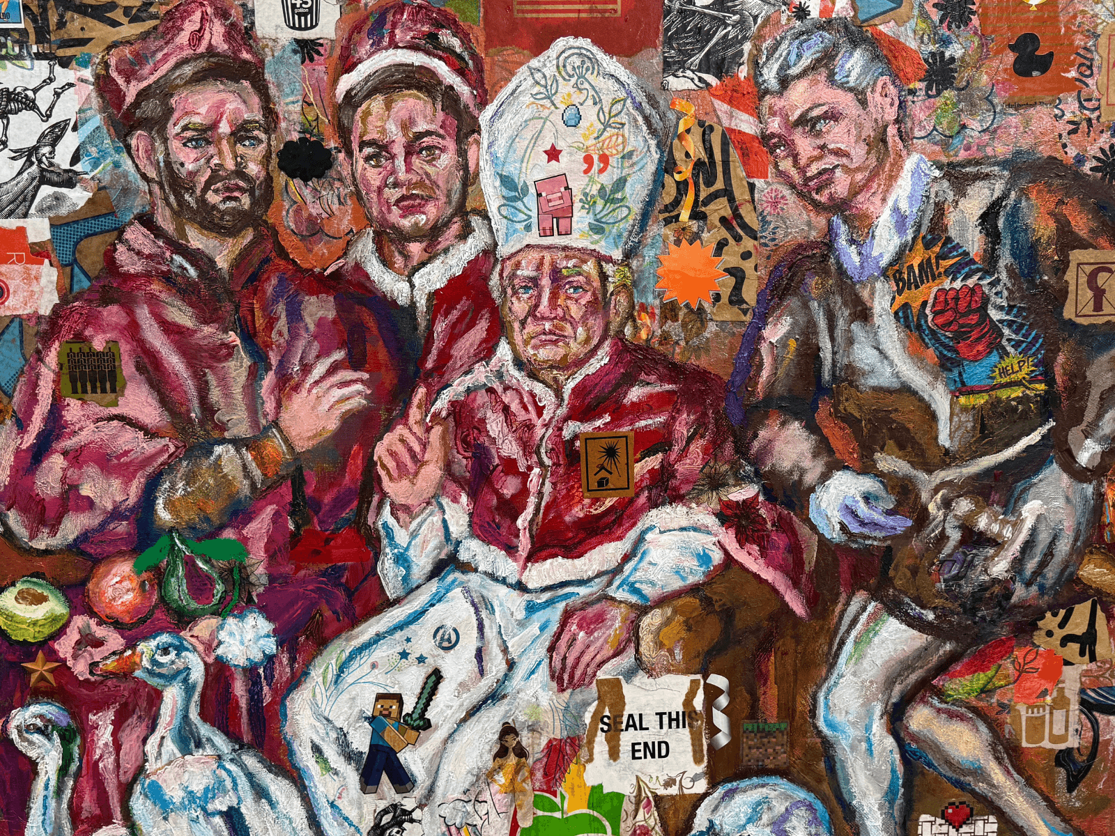 6/22/25 / The 4 Horseman / POTUS Donald John Trump and Henchman Addresses the Nation Regarding the US Missile Strikes on The Islamic Republic of Iran by Ricardo Osmondo-Francis - Acrylic and mixed media collage on canvas - $3,500 - The GOLDEN State Exhibition at The 7 Space