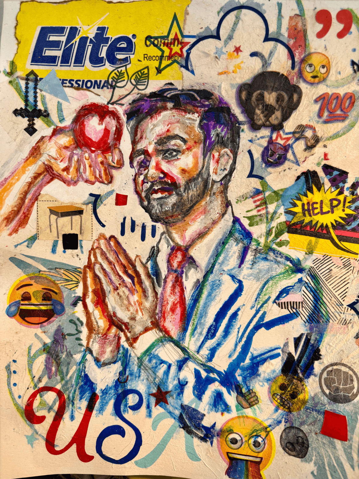 7/1/25 / Zohran Mamdani Accepts the Democratic Party Nomination for the New York City Mayoral Race / ELITE by Ricardo Osmondo-Francis - Colored pencil, marker, and mixed media collage on paper - $500 - The GOLDEN State Exhibition at The 7 Space